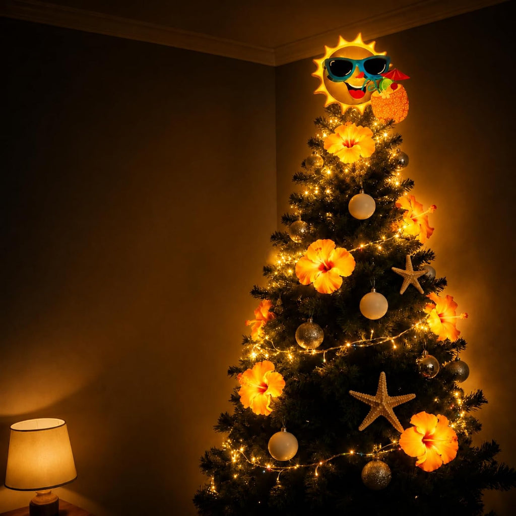 10 x 8 Inch Wood Summer Tree Topper with LED Light Christmas in July Summer Tree Top Ornaments for Luau Party Hawaiian Decorations Tabletop Display Supplies