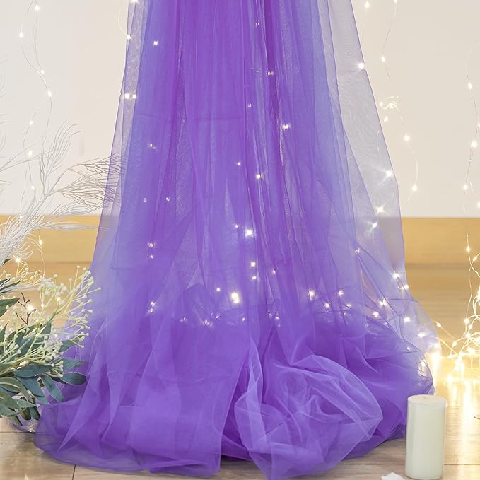 Purple Sheer Backdrop Curtains with Lights String for Baby Shower Girls 2 Panels 5×8ft Tulle Backdrop Curtain for Wedding Bridal Shower Elephant Birthday Party Photo Shoot Background Decorations