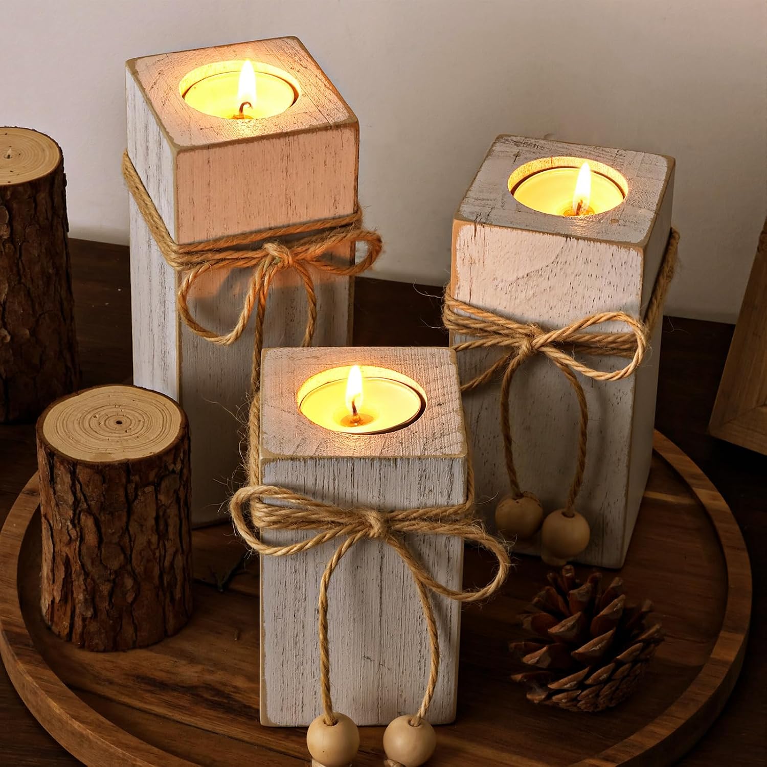 MelonBoat Rustic Flameless LED Candles 3-Pack, Battery Operated Candles with Wooden Candle Holders, White Rustic Farmhouse Decor, Farmhouse Candle Holder for Valentines Holiday Party Home Decor
