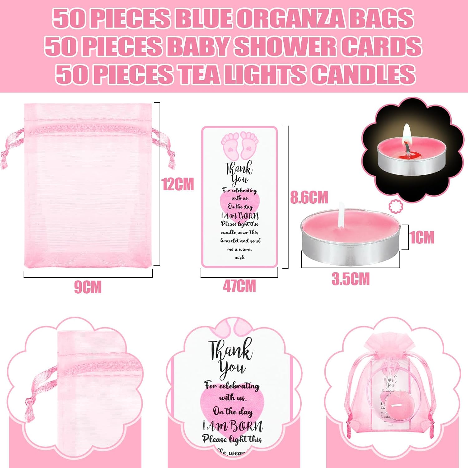 MTLEE 50 Sets Baby Shower Favors Tea Light Candles for Guests Cute Baby Shower Decorations with 50 Cards and 50 Organza Bags and 50 Silicone Bracelets for Boys Girls Gender Reveal (Pink,Cute)