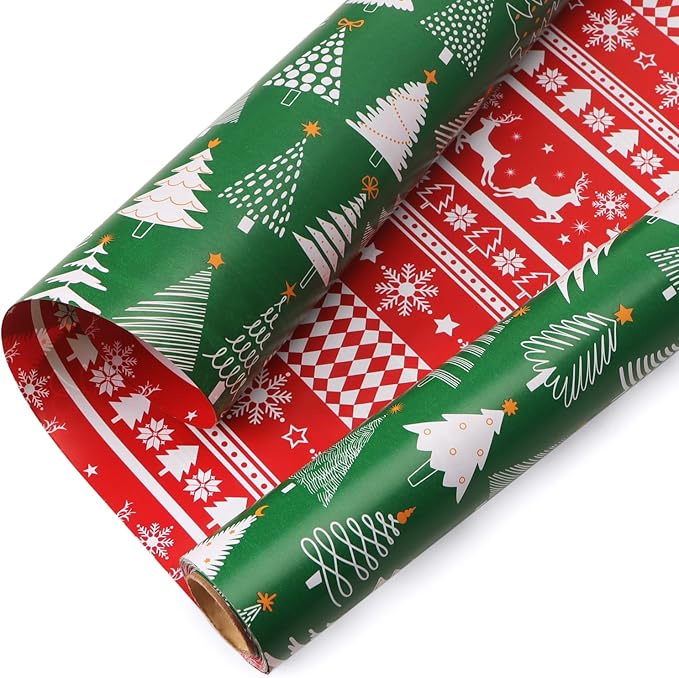 Ribbli Christmas Wrapping Paper Reversible Green Christmas Tree and Red Reindeer Gift Wrapping Paper Rolls Holiday Presents Decoration-17 Inch x 33 Feet