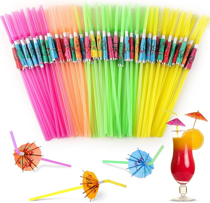 Paxcoo 50pc Umbrella Straws for Cocktails, Tropical Hawaiian Luau Party Decorations (Assorted Colors)