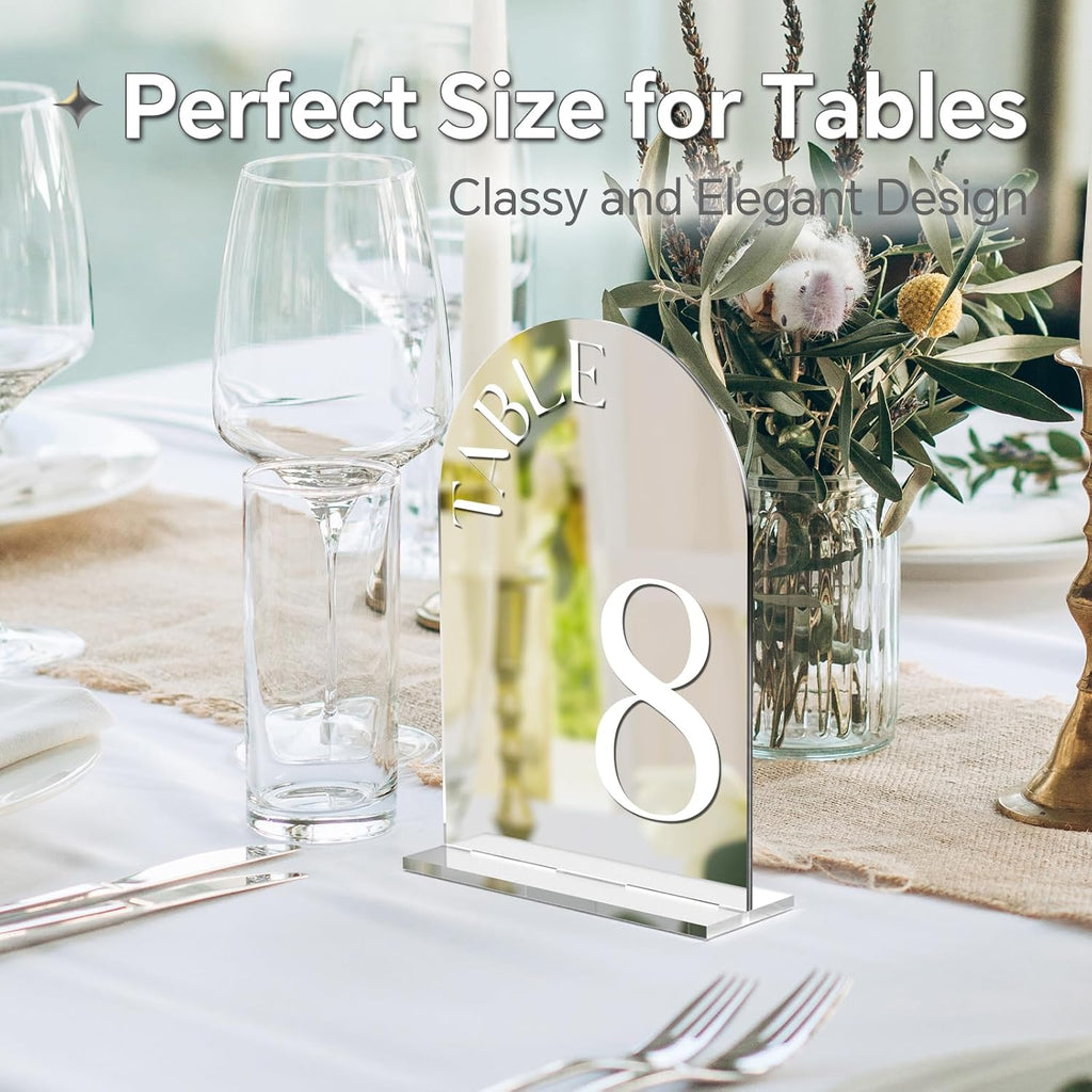 Mirror Arched Wedding Table Numbers 1-15 with Stands, 5"x7" Double-sided Letter, Acrylic Wedding Signs Centerpiece Decoration for Wedding Reception Party (Silver, Table Numbers 1-15)