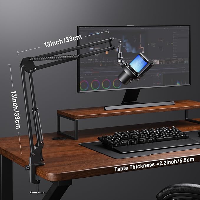 MAONO Boom Arm Microphone Stand: Adjustable Metal Suspension Mic Boom Arm for Podcast Gaming Streaming Recording,with Desk Clamp and 3/8" to 5/8" Screw Adapter-Max Load 1KG BA20 Black