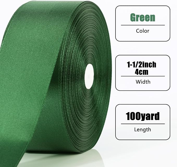 NESCCI 100 Yards Ribbon,1-1/2 Inch Dark Green Satin Ribbon,Single Face Satin Ribbons,Perfect for Gift Wrapping,Wedding Decoration,Handmade Bows,Wrapping Bouquet,Halloween, Christmas