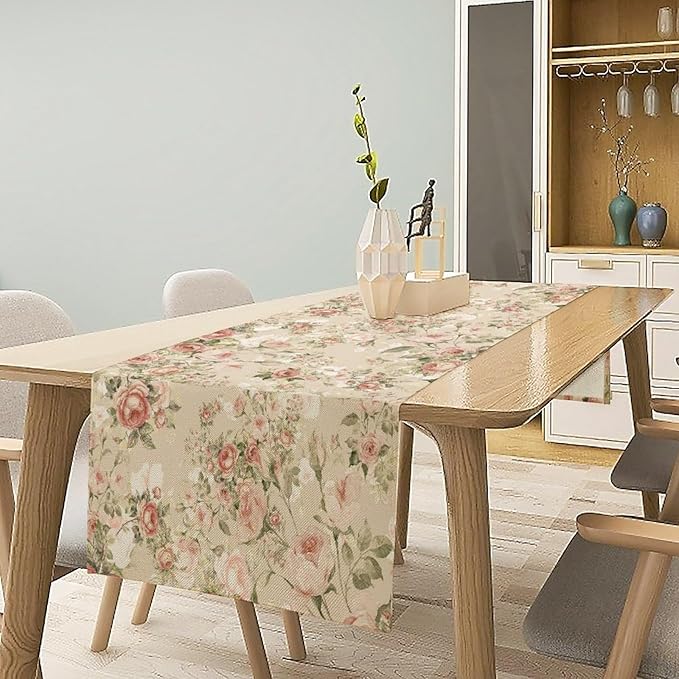 Lovely Rose Table Runner, Red and White Vintage Rose Delicate Floral Natural Pattern Long Table Restaurant Kitchen Holiday Party Decoration,13in（33cm） W * 108in（274cm） L