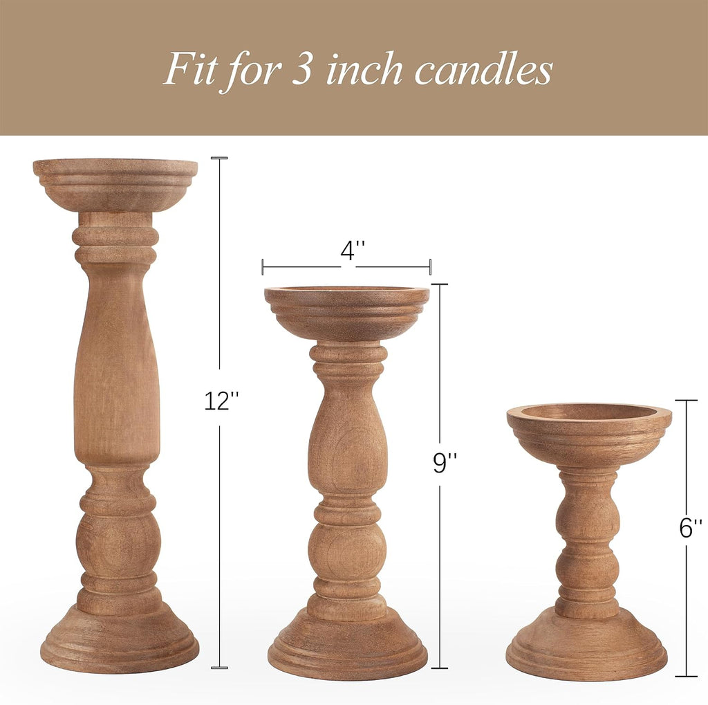 BANOMII Farmhouse Wooden Candle Holders for Pillar Candles Set of 3, Rustic Wood Candle Holder Table Centerpiece Decor, 12'' 9'' 6'' Vintage Tall Candle Stand Decorative, Brown