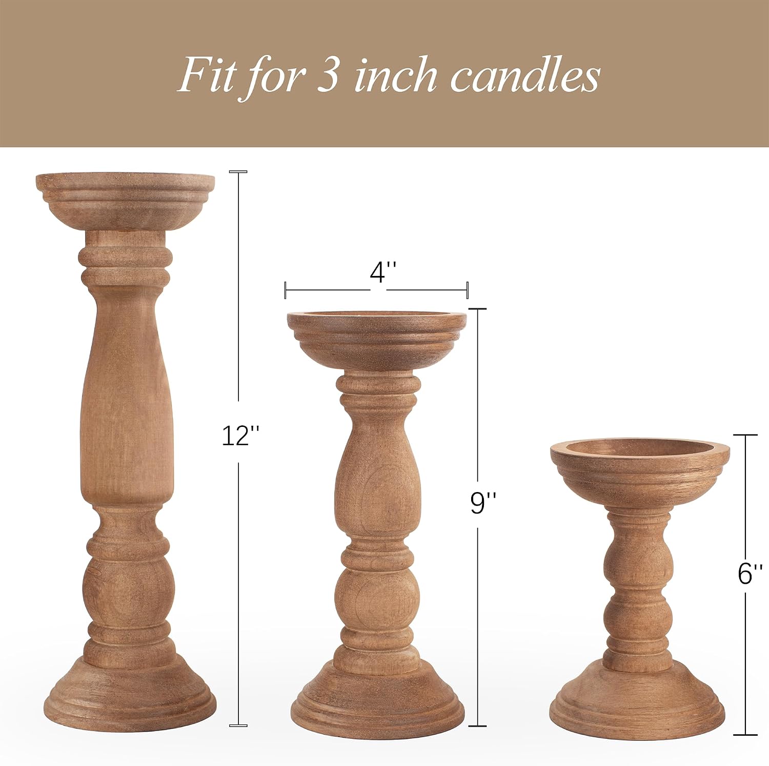 BANOMII Farmhouse Wooden Candle Holders for Pillar Candles Set of 3, Rustic Wood Candle Holder Table Centerpiece Decor, 12'' 9'' 6'' Vintage Tall Candle Stand Decorative, Brown