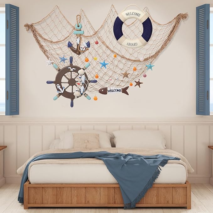 Marsui 11 Pcs Wooden Nautical Wall Decor Fishing Net Decoration, Include Decorative Fishing Net, Ship wheel, Fish Skeleton, Life Ring, Anchor, Starfish Beach Decor for Mediterranean Party (Brown)