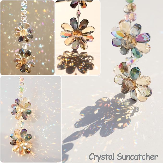 Crystal Flower Suncatcher Hanging Ornament, Rainbow Maker Window Sun Catcher Indoor Outdoor Patio Garden Decor (Deep Multicolor)