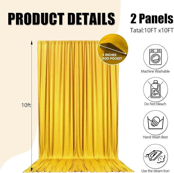 10ft x 10ft Yellow Backdrop Curtains for Parties, Fabric Satin Background Curtain with Rod Pockets for Weddings, Birthday, Baby Shower, Photography, Graduation Party Backdrop Drapes, 2 Panels
