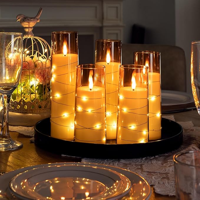Raycare Flameless Candle with Remote Timer – 5 Flickering Acrylic Battery Operated LED Pillar Candles with Embedded Star String for Halloween, Home Decor, and as a Gift(Glod)