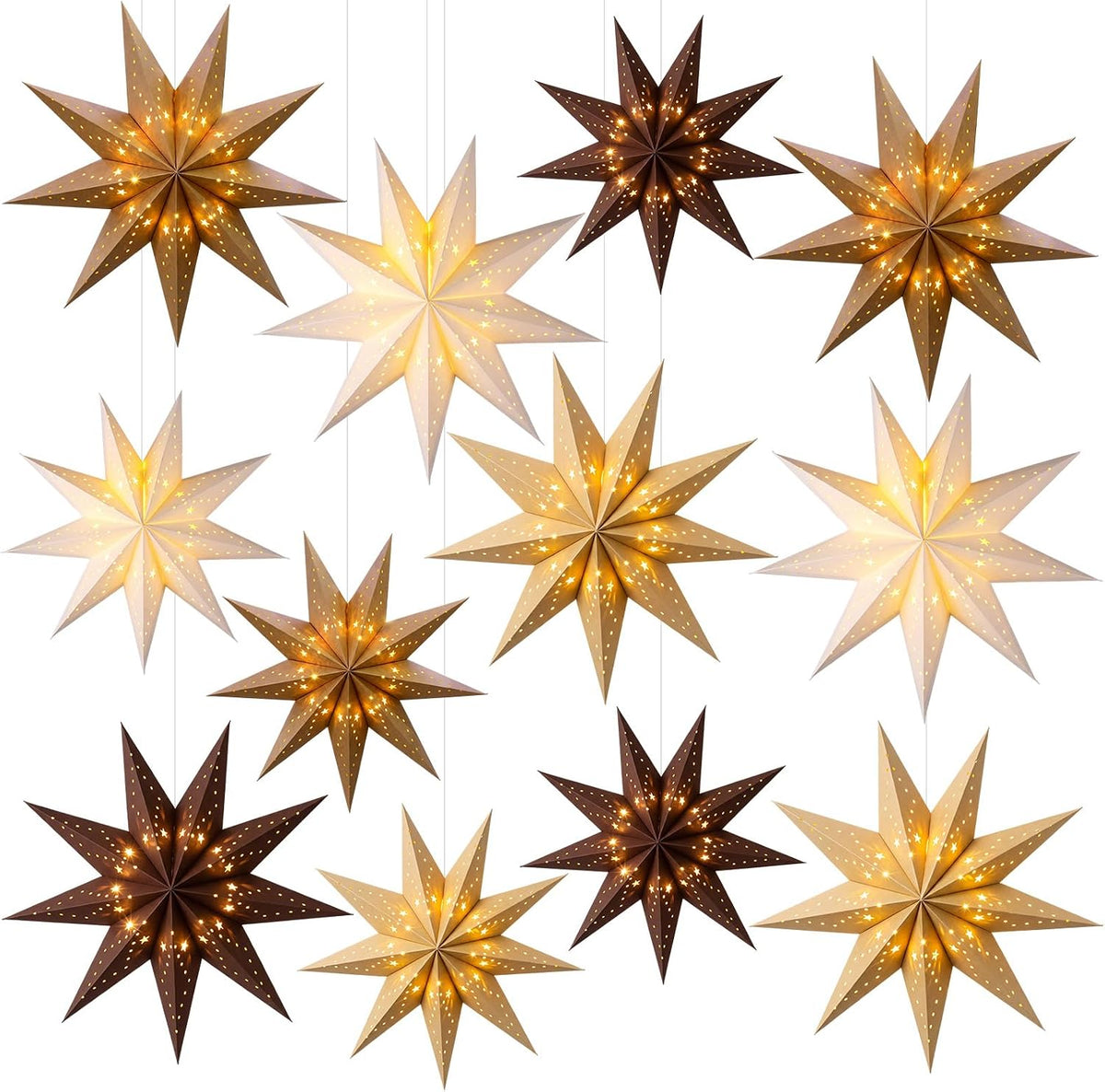 Youyole 12 Set Christmas Paper Star Lantern with Lights, 9 Pointed