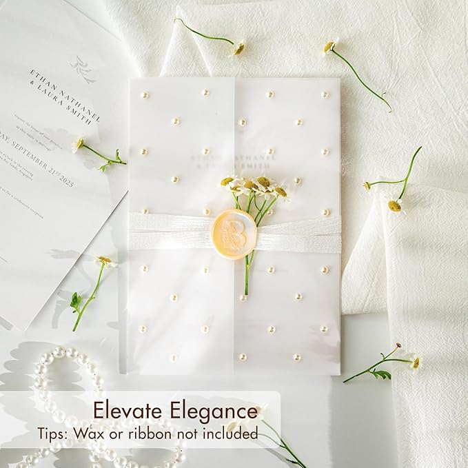 50 Pack Pre-Folded Vellum Jackets For 5x7 Invitations,AZAZA Translucent Invitation Sleeves,115GSM Vellum Jackets 5x7, Wedding Invitation Accessories, For Weddings Birthdays Baby Showers,Elegant Pearl
