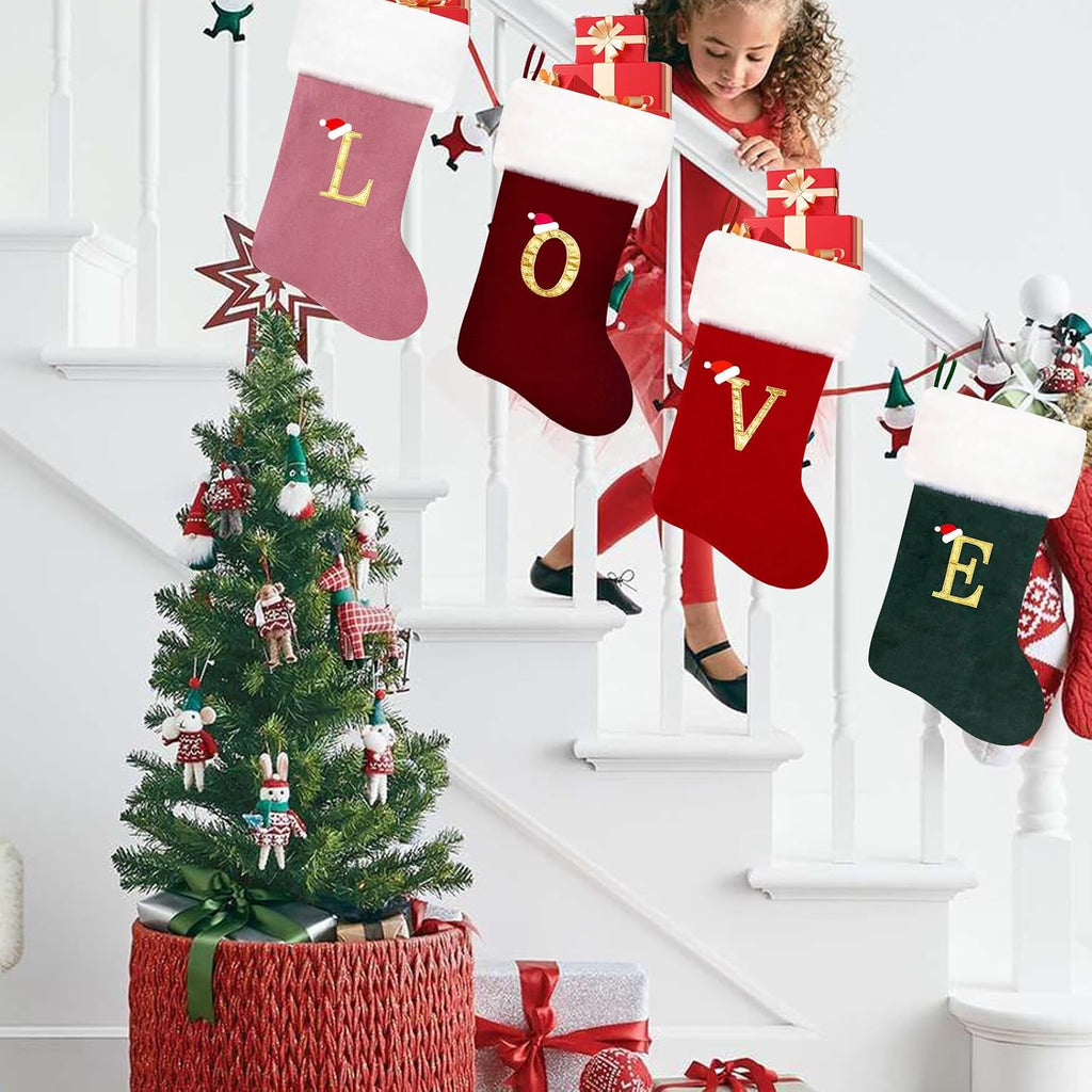 20 Inches Monogram Christmas Stockings Red Velvet with White Super Soft Plush Cuff Embroidered Xmas Stockings Classic Personalized Stocking Decorations for Family Holiday Season Decor(Letter J)