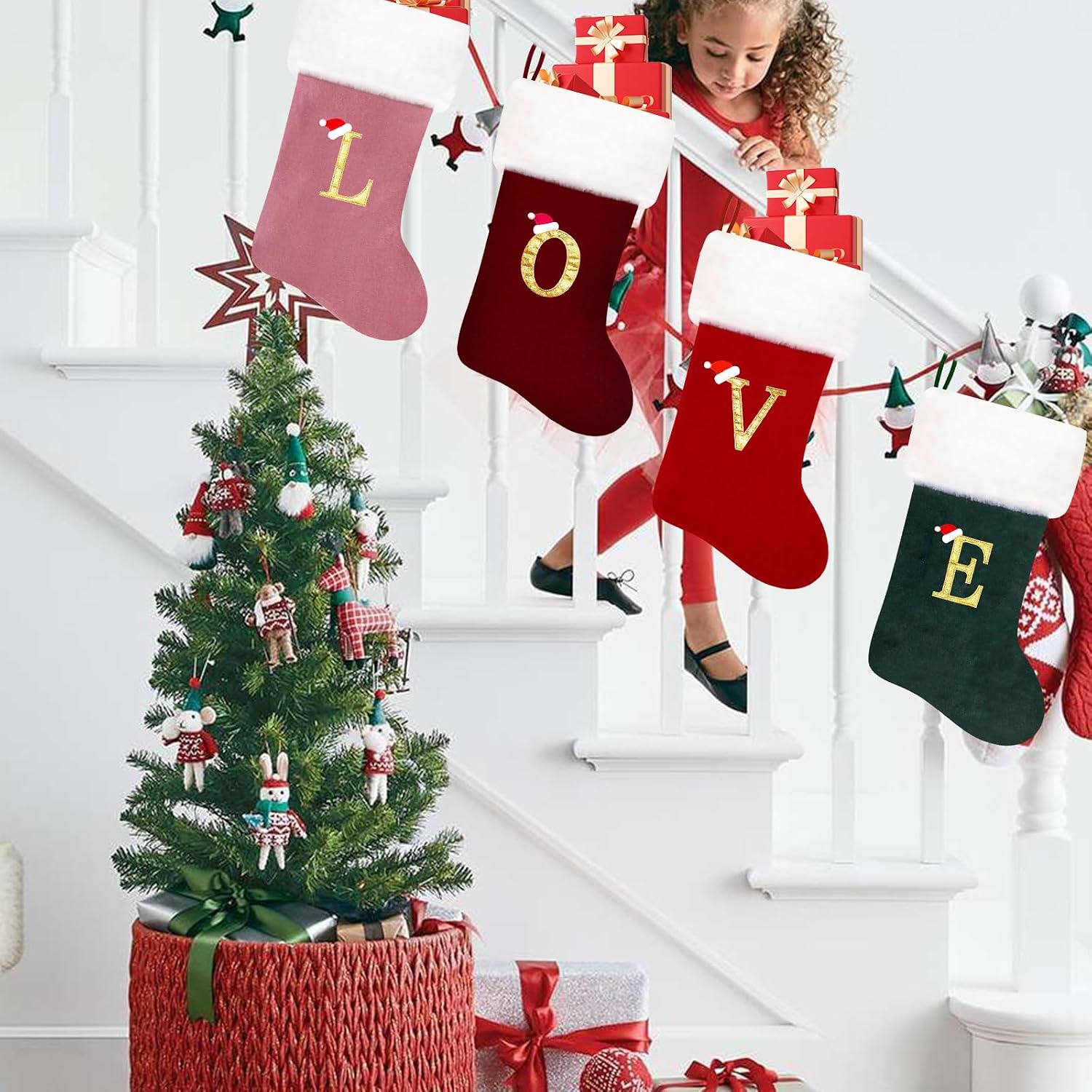 20 Inches Monogram Christmas Stockings Red Velvet with White Super Soft Plush Cuff Embroidered Xmas Stockings Classic Personalized Stocking Decorations for Family Holiday Season Decor(Letter J)