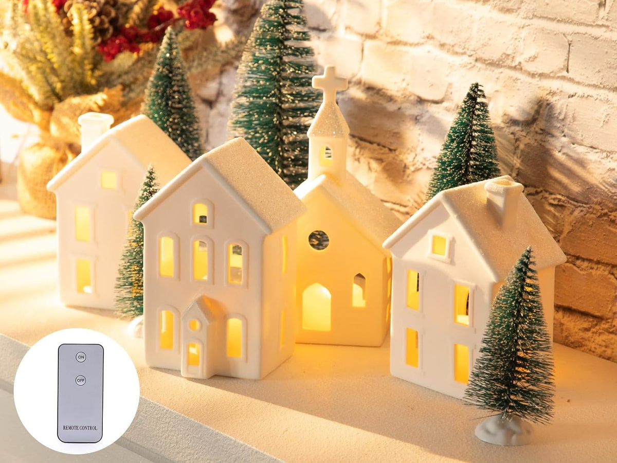9-piece lighted christmas village set, 4 ceramic houses, main product view
