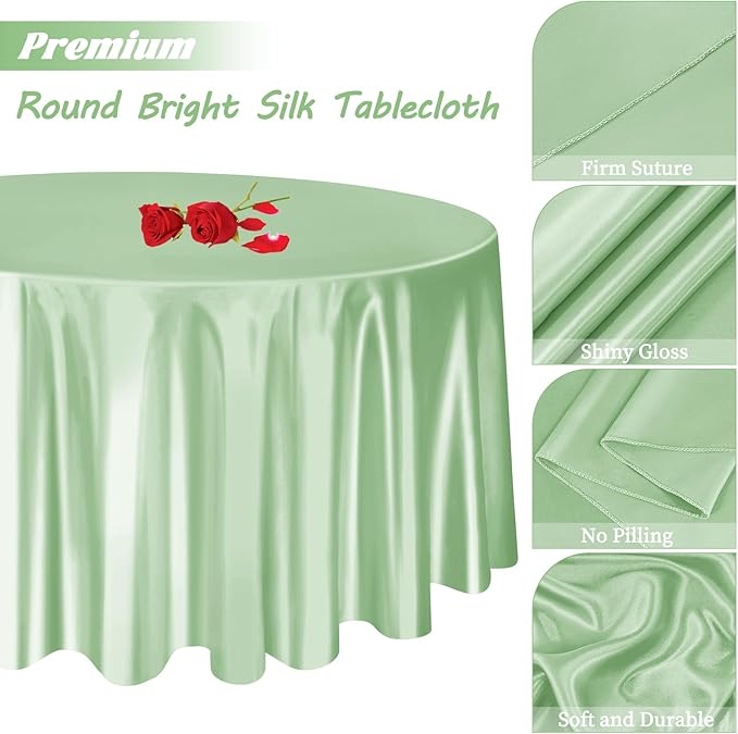 fani 12 Pack 108 Inch Sage Green Satin Tablecloth - Silky Round Tablecloth Overlay Smooth Fabric Table Cover, Bright Table Decoration for Wedding Party Banquet Events Restaurant Kitchen Dining