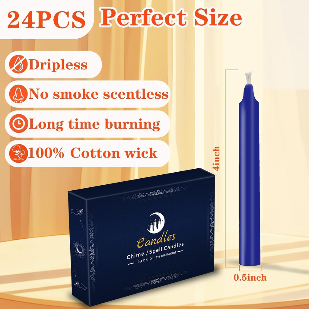 Kunrsug 24 Pack Assorted Color Spell Chime Candles – Premium Mini Unscented Taper Candles for Rituals, Prayer, Birthdays, Meditation, Altar, Spells, Chime Candles - 4 Inch Tall - Ideal for Witches