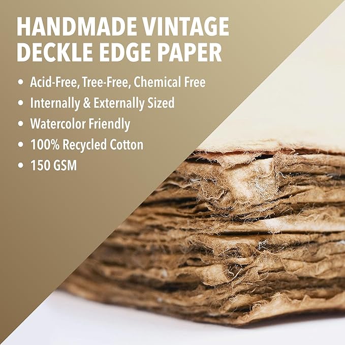 Wanderings Handmade Antique Deckle Edge Blank Paper - 8.25 x 11.7 - A4 Size Package of 50 - Recycled Watercolor Mixed Media Loose Leaf Paper for Writers Invitations Crafts - Thick 150 GSM