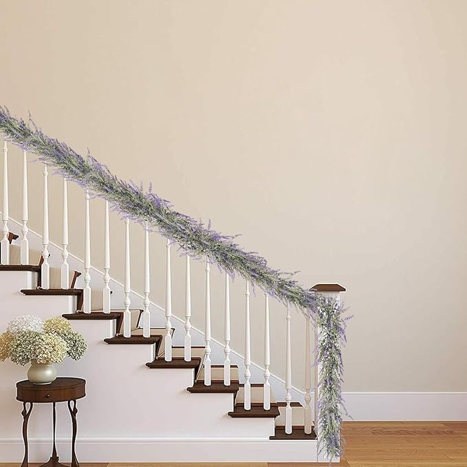 MAKHOT Spring Summer Lavender Purple Garland, 6Ft Lavender Artificial Green Garland, Fake Silver LavenderLeaves Vines for Wedding Mantle Party Arch Porch Stair Table Door Home Decor (Light Purple)