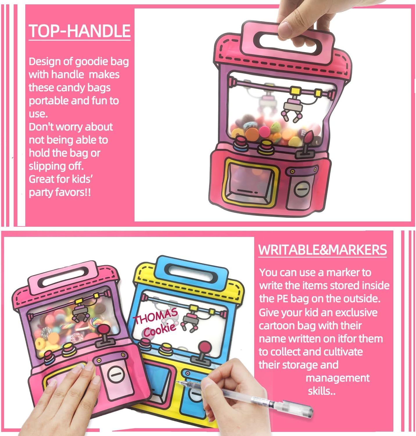 30PCS Cartoon Gift Bags with Handle Claw Machine Shape Goodie Bag Plastic Candy Cookie Storage Packaging For Wedding Birthday Baby Shower Party Supplies Snack Ziplock Seal Party Favor Bags
