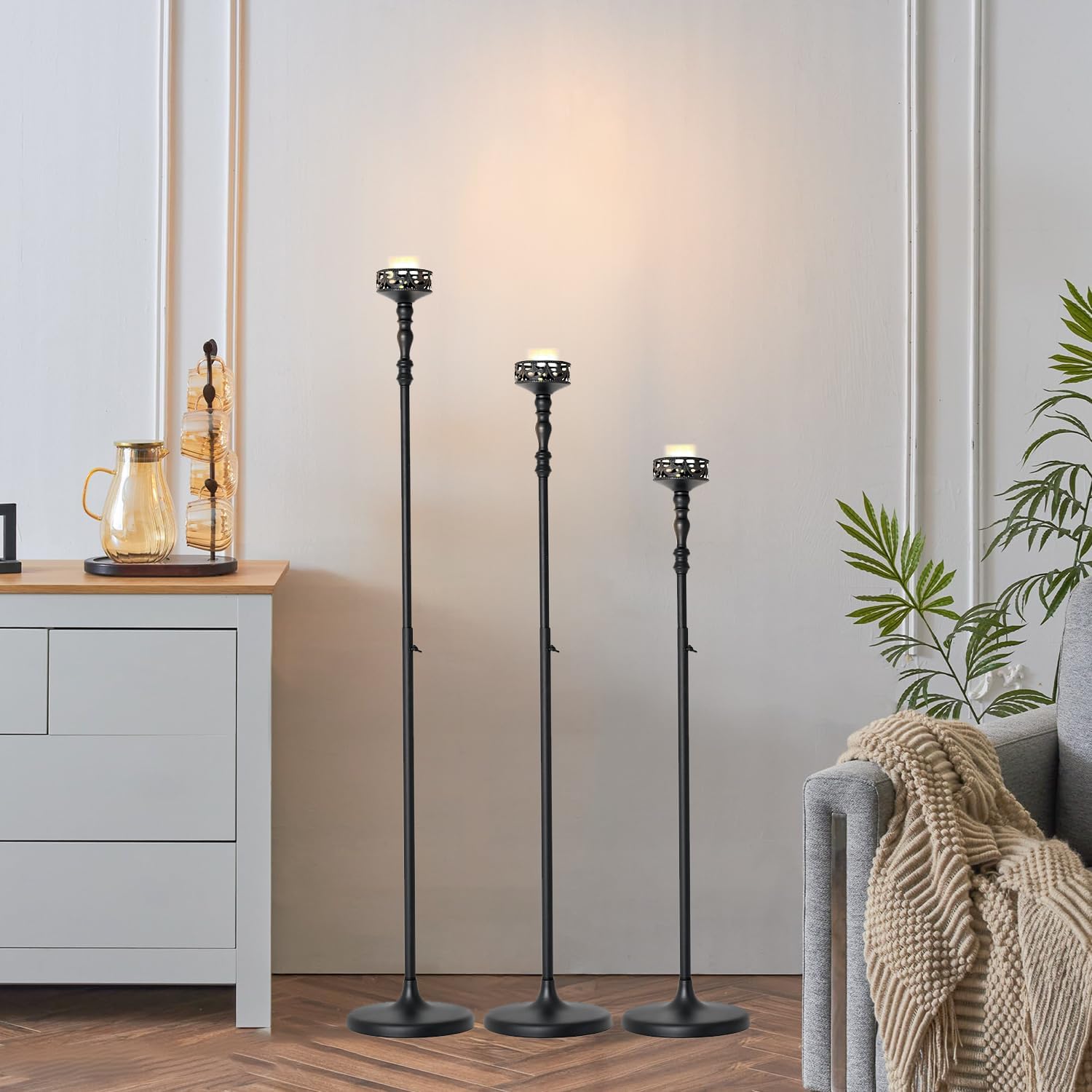 3Pcs Matte Black Floor Candle Holders Centerpieces for Pillar Candles | Adjustable Height,Halloween Metal Candlestick Set,Wedding Party Home Ceremony Mantel Fireplace Decorations