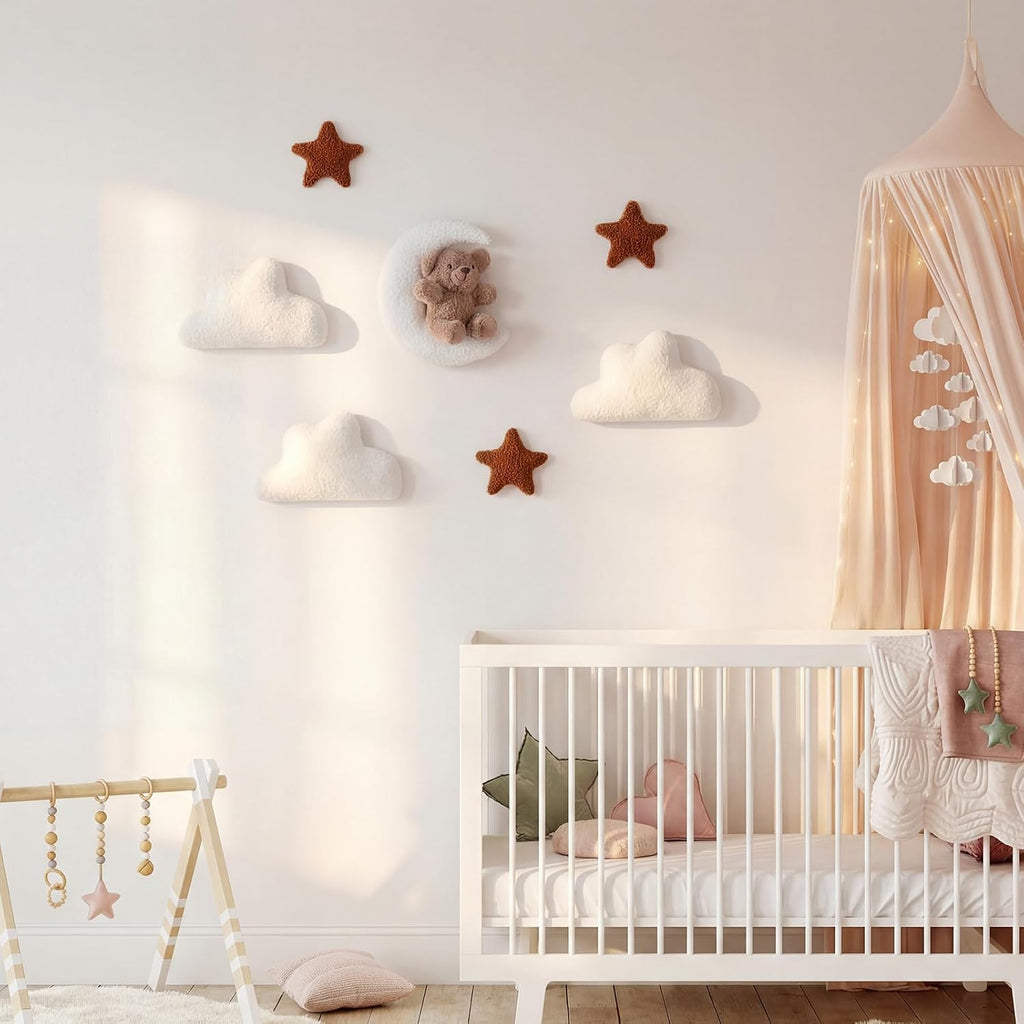 Chumia 7 Pcs Teddy Bear Nursery Wall Decor Boho Nursery Wall Art with Clouds Moon Star Soft Baby Room Decor Gender Neutral for Bedroom Decoration