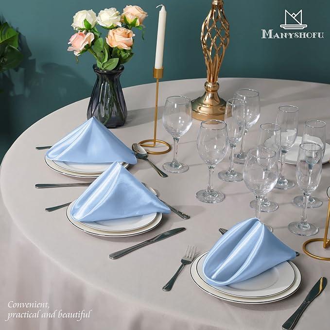 Manyshofu 60 Piece Baby Blue Satin Napkins - 20x20 Inch Square Fabric Napkins Set - Soft & Reusable for Wedding Dinner Party Lunch
