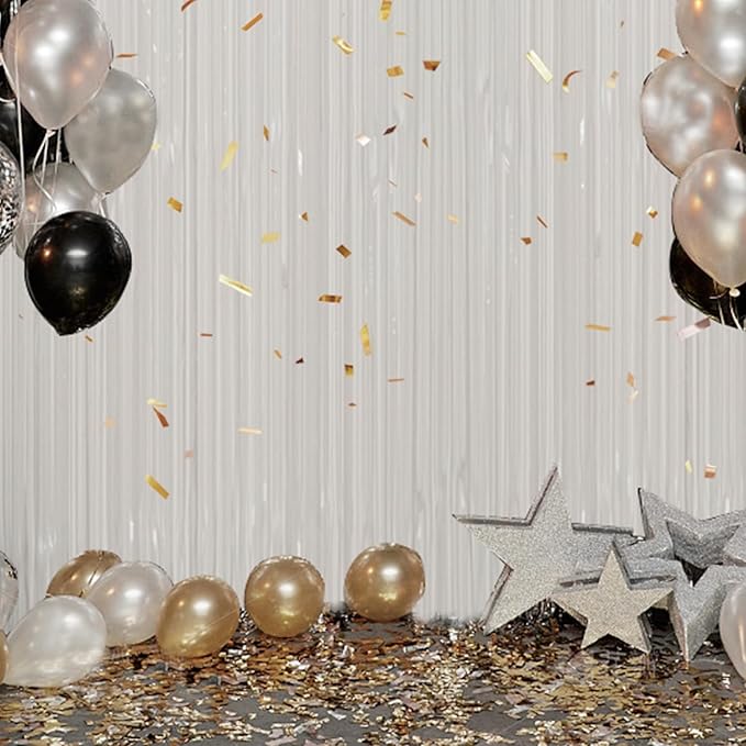 3 Pack Foil Fringe Backdrop - White Shiny Tinsel Curtains for Party Decoration/Photo Booth Props - 3.3x8.2 FT Metallic Foil Backdrop for Birthday, Wedding, Graduation, Christmas.
