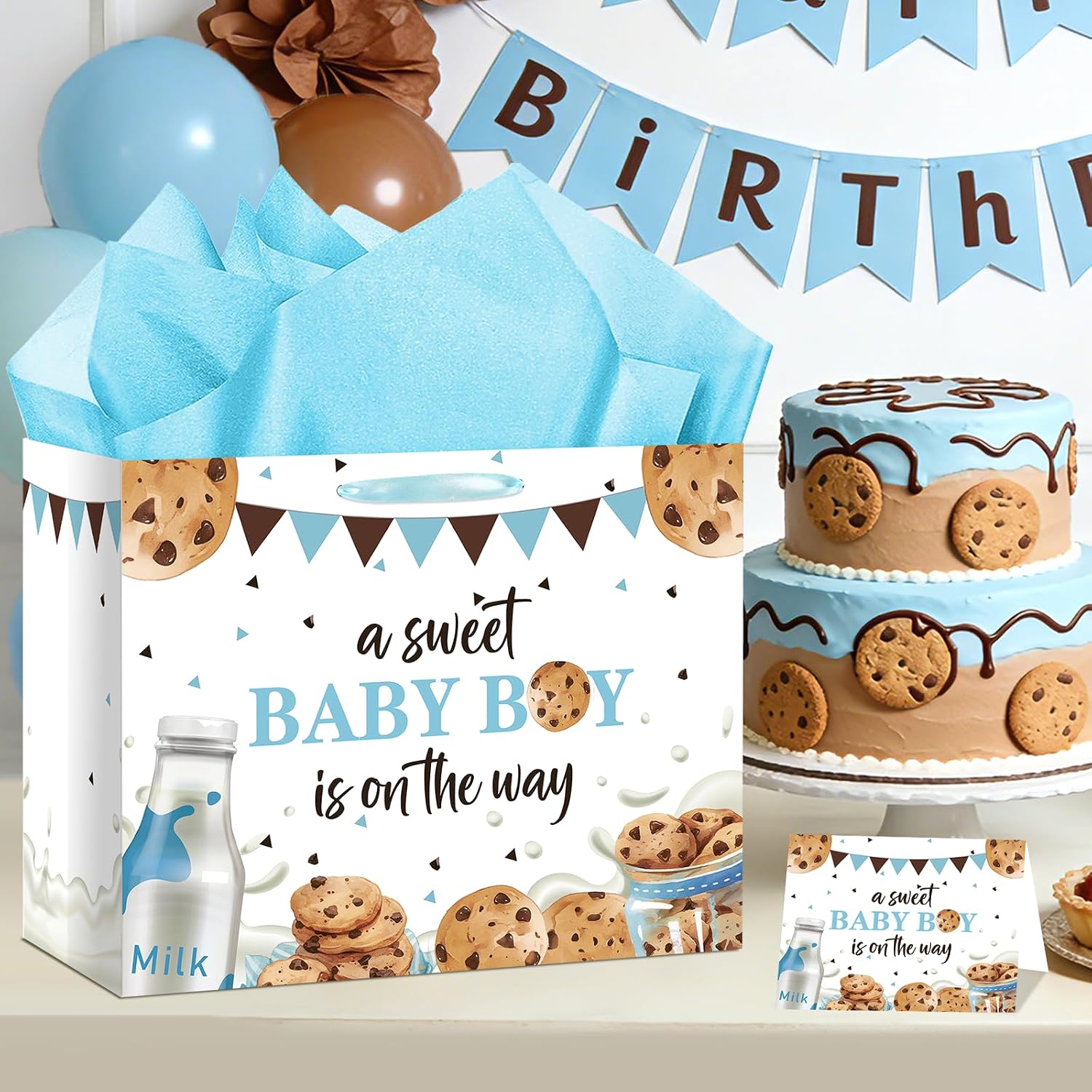 Frakron Baby Boy Shower Gift Bag with Card & Wrapping Tissue Paper Milk and Cookies Theme Party Supplies Large Blue A Sweet Baby Boy is on the Way Gift Wrap Bags for Newborn Gender Reveal Sprinkle