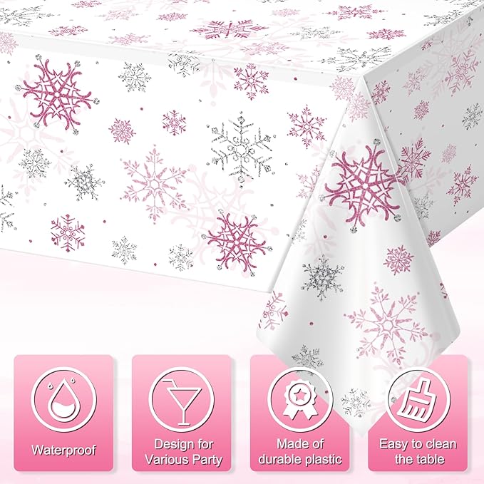 6 Pcs Christmas Snowflake Party Tablecloths Decorations,Plastic Pink Winter Onederland Rectangle Table Cover for Christmas New Year Girls 1st Birthday Baby Shower Holiday Party Decorations,54x108 inch
