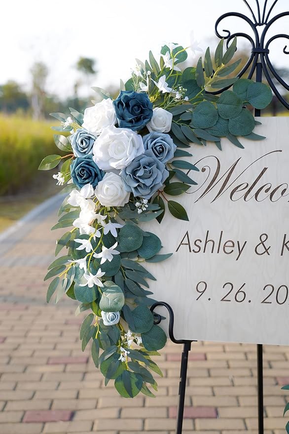 ponatia Wedding Arch Flowers (Pack of 2), Artificial Dusty Blue Flowers & Welcome Signs Decorations for Wedding Ceremony Reception