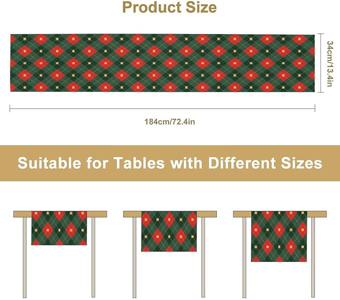 Christmas Table Runner,Green Red Xmas Plaid Table Cloth Kitchen Dining Table Decoration for Home Party Decor 13x60 Inch
