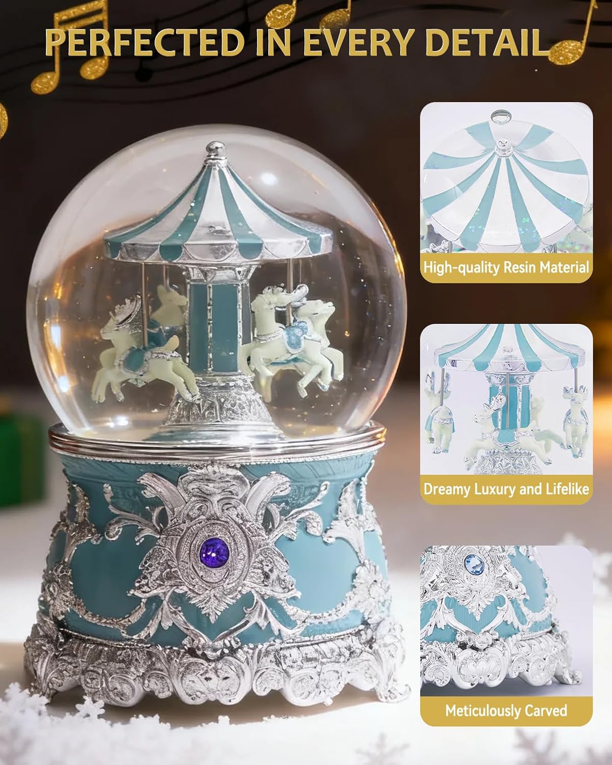 Reindeer Carousel Snow Globe Music Box - Wind Up Musical Christmas Valentines Day Ornament with Silver Blue Design, Romantic Indoor Christmas Decorations, Festive Gift for Couples, Kids & Adults