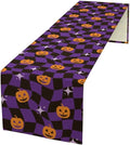 Halloween Table Runner,Purple Checkered Pumpkin Table Runner for Kitchen Dining Table Decoration Home Party Decor 13x36 Inch