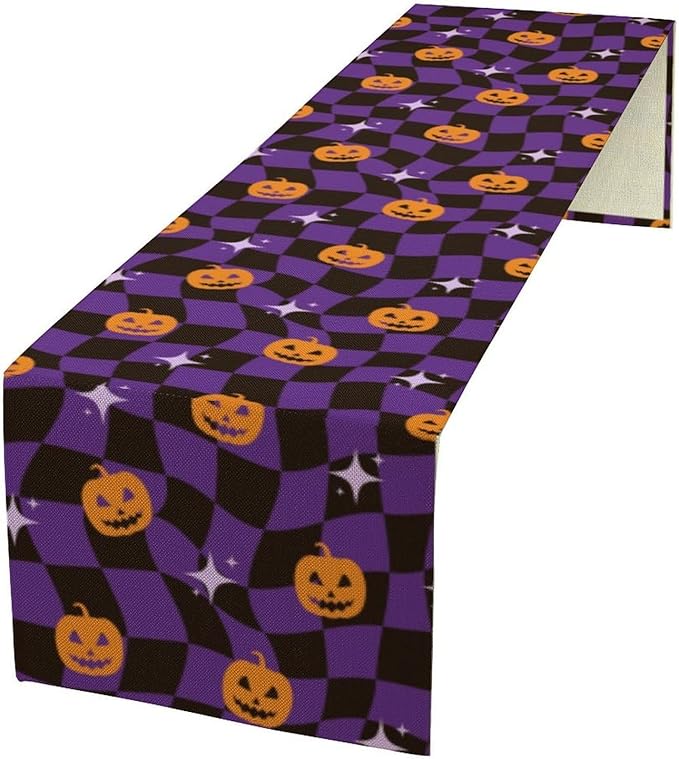 Halloween Table Runner,Purple Checkered Pumpkin Table Runner for Kitchen Dining Table Decoration Home Party Decor 13x36 Inch
