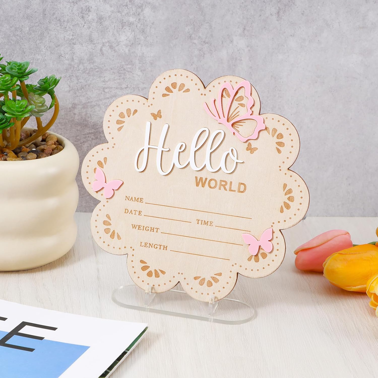 Nogeqi Hello World Newborn Sign, 6 Inch Pink Butterfly Baby Name Announcement Sign, Birth Announcement Signs, Wooden Baby Welcome Signs for Newborn Photo Props Babies Shower Hospital Nursery