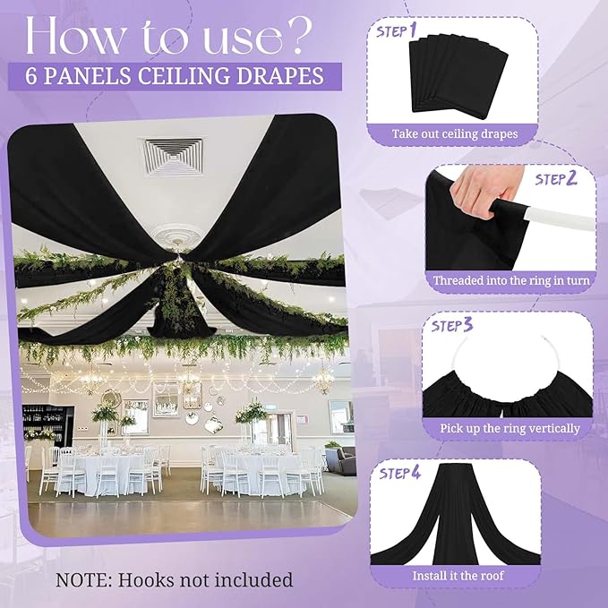 6 Panels Black Ceiling Drapes for Wedding, 5ftx15ft Ceiling Drapes Cheesecloth Sheer Fabric Curtain Wedding Arch Draping Fabric Romantic Ceilings Decorations for Weddings Party Ceremony Stage