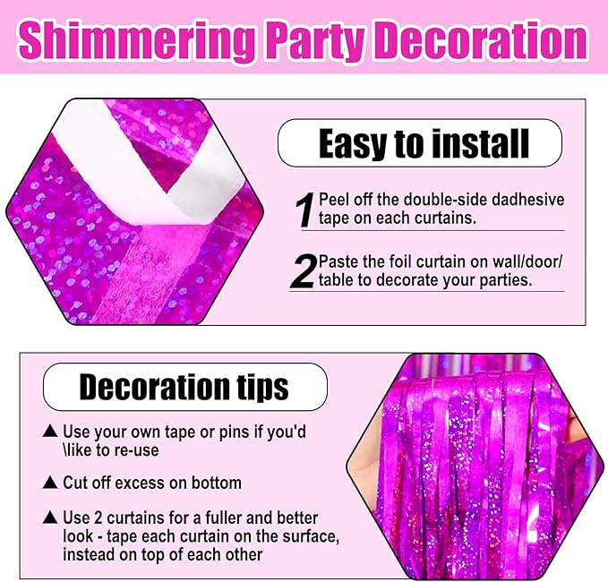 6 Pack Rose Red Foil Fringe Curtain Backdrop, 3.28Ft x 8.2Ft Metallic Tinsel Foil Fringe Streamer Curtains for Photo Booth, Birthday, Wedding, New Year Party Decorations