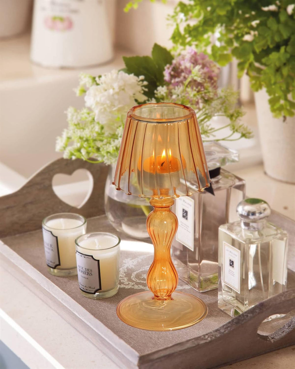 Gurfuy Desk Lamp Shaped Glass Candle Holder - Glass Hurricane Candleholder Crystal Decorative Candle Stand for Table Wedding Dinning Centerpieces Party Supplies Decor Amber