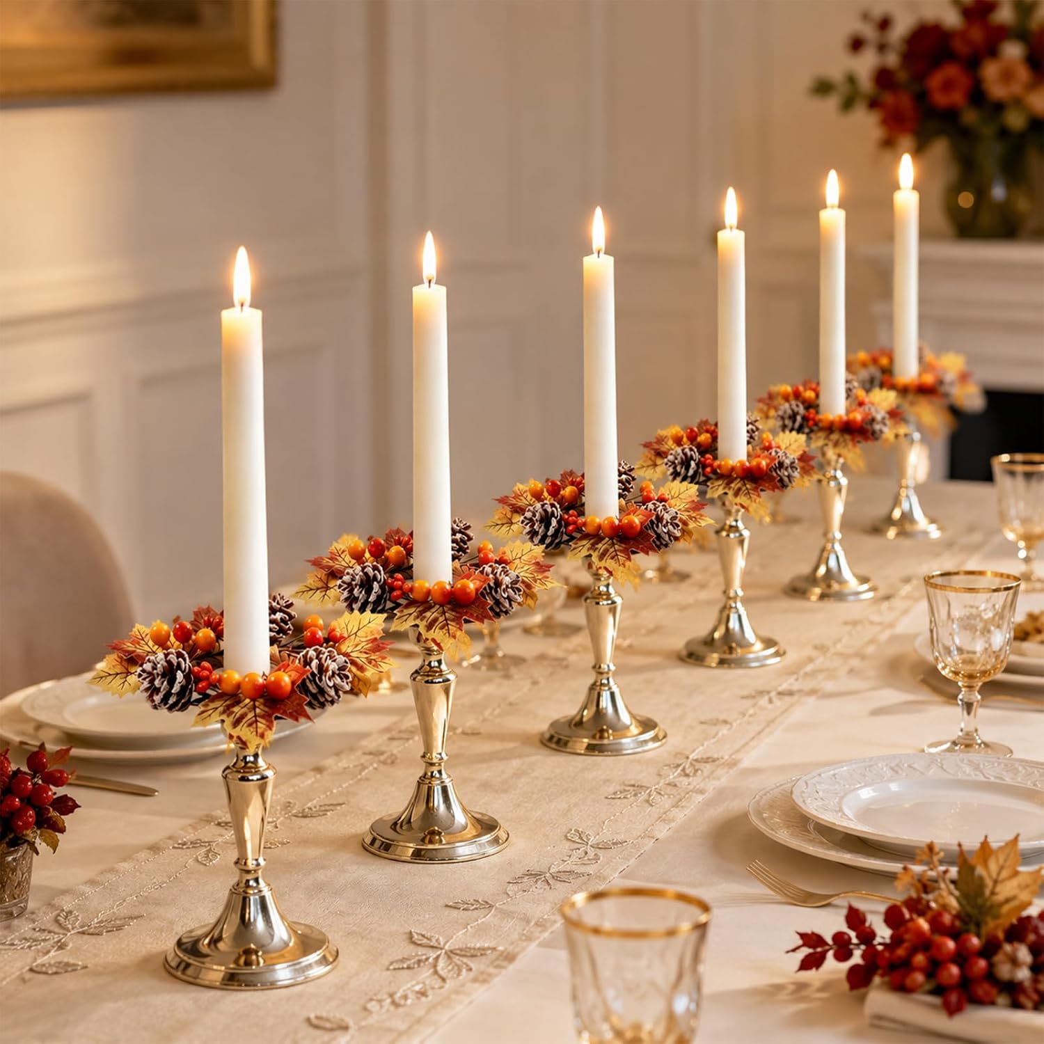 6 PCS Fall Taper Candle Rings 1.38" Mini Thanksgiving Taper Candle Holder Wreaths with Maple Leaves Pine Cones Berries Autumn Harvest Table Centerpieces Decor for Candlesticks Farmhouse Home Decor