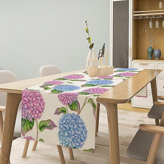 Spring Hydrangea Flower Table Runner, Seasonal Summer Plants Watercolor Pink Purple Florals Dinner Runner for Home Kitchen Dining Table Party Holiday Decoration 13"x36"