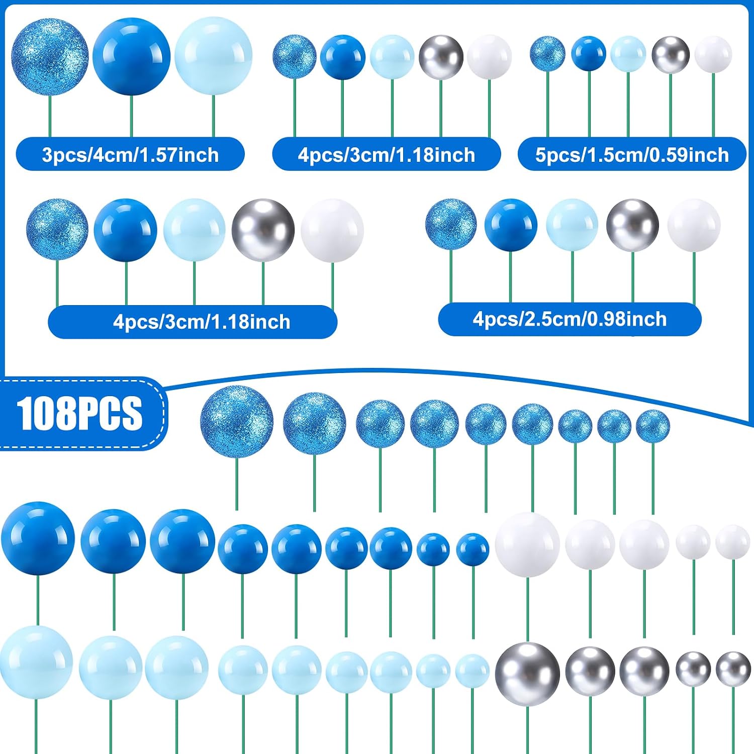 108 Pcs Balls Cake Topper DIY Cupcake Insert Foam Balloons for Cake Baking Wedding Anniversary Birthday Decoration(Blue White Silver,Multi Sizes)