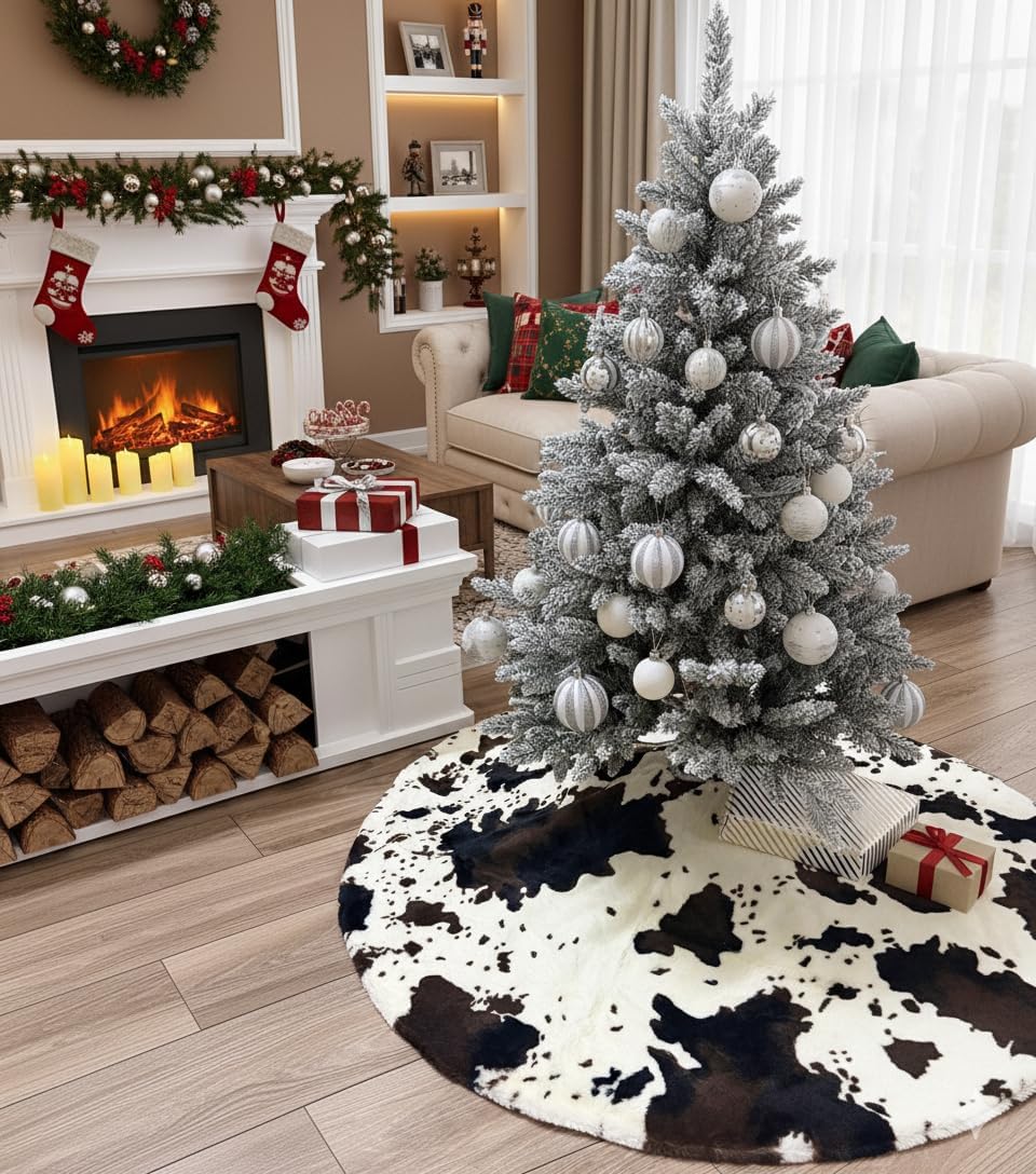 36 Inch Cow Faux Fur Christmas Tree Skirt Holiday Decor for Xmas Tree, Festive Party, Home Decorations