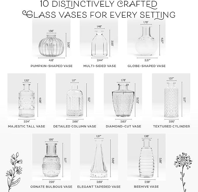Gather & Bloom Creations Glass Bud Vases in Bulk – Set of 10 Mini Wedding Centerpiece Vases – Durable, Vintage-Inspired Clear Glass Vases for Flowers and Table Decor