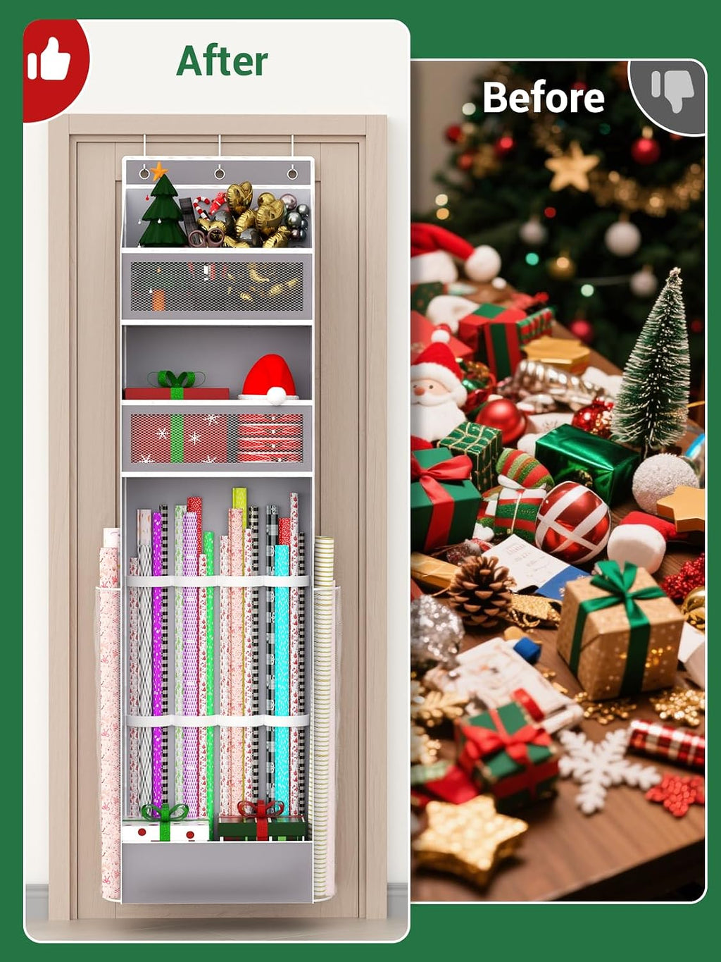 Over Door Wrapping Paper Organizer Hanging – Christmas Gift Wrap Storage for Ribbons, Bows, Ornament and Other Tools, Behind Door Long Craft Roll Holder Bag, Present Wrap Container, 1Pack, Gray