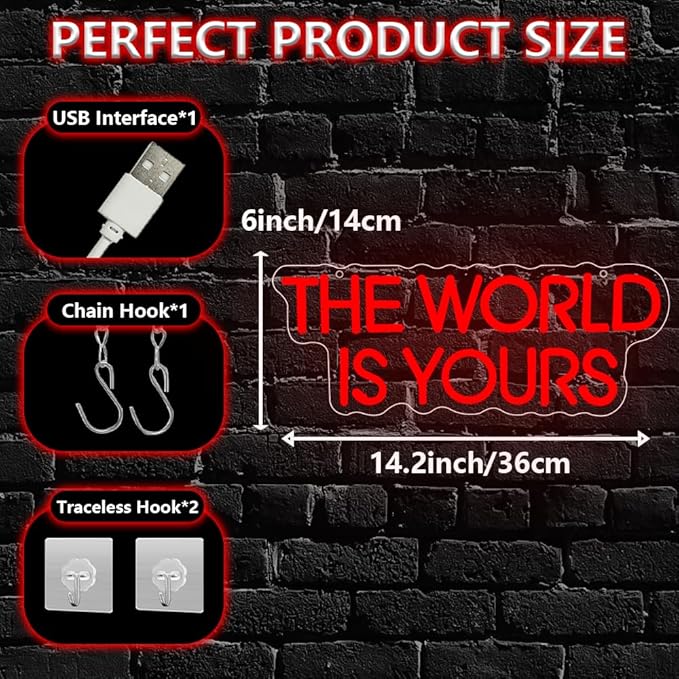 The World is Yours Neon Sign,Red Dimmable LED Light Signs for Wall Art Decor,Backdrop for Cinema Bedroom Club Party Man Cave,Gift for Boys Teen Men USB Powered（14.2"*5.5"）