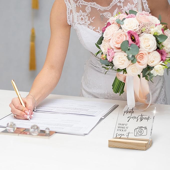 Wedding Guest Book Desk Decor, Acrylic Wedding Signs, Guest Book WeddingReception, WeddingDecor, Photo GuestBook Acrylic Plaque Sign with Wood Stand for WeddingReception Table Decor