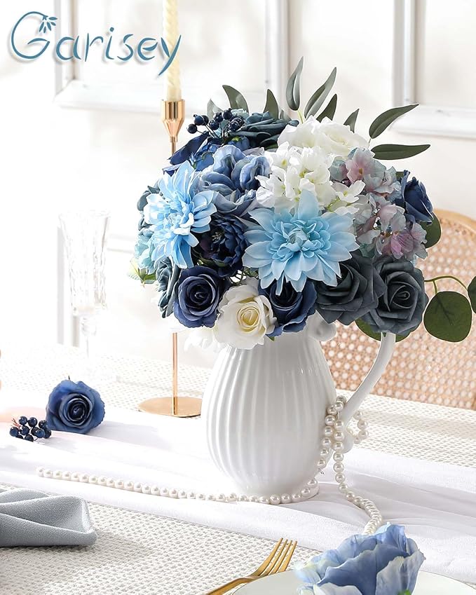 Artificial Flowers Combo Box Set Dusty Blue Flowers for DIY Wedding Bouquet Arrangements Bridal Shower Party Home Decorations(White Blue Rose)